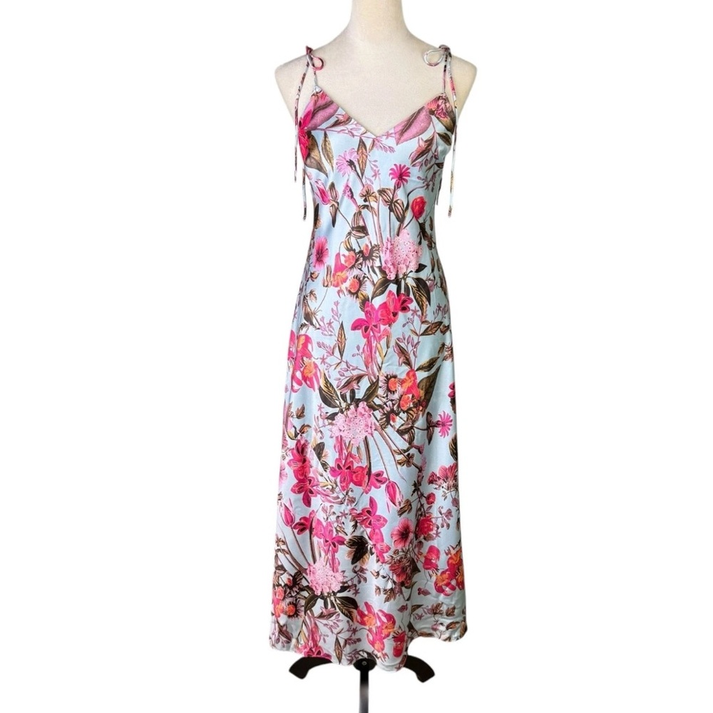 Victoria's Secret Tropical Pink Floral Print Satin Midi Slip Dress Tie Strap